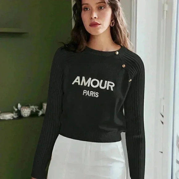 Black Preppy Womens Letter Graphic Button Detail Raglan Sleeve Sweater - Picture 1 of 7